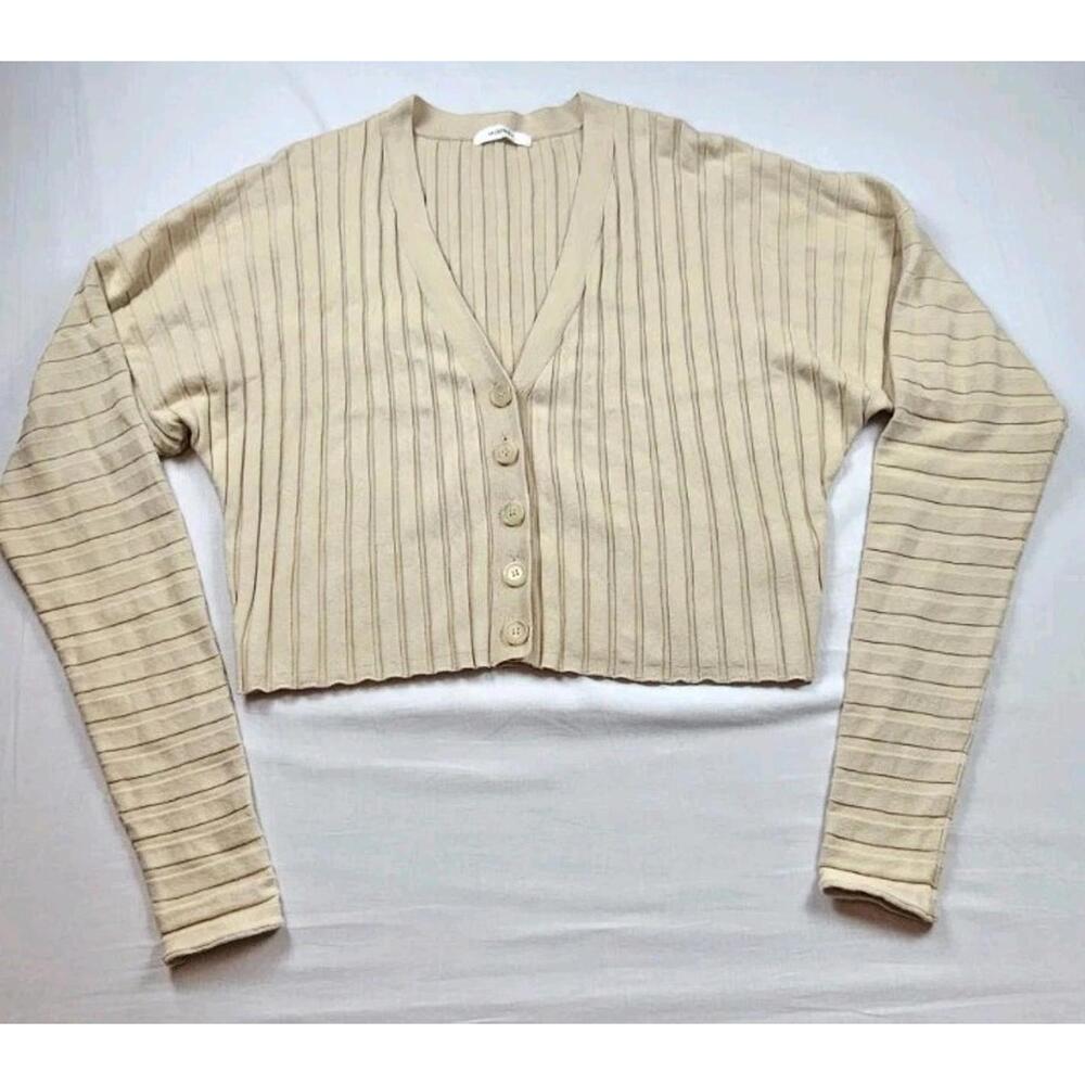 Moussy Cream-Colored, Ribbed Knit, Button-Front Cardigan Sweater